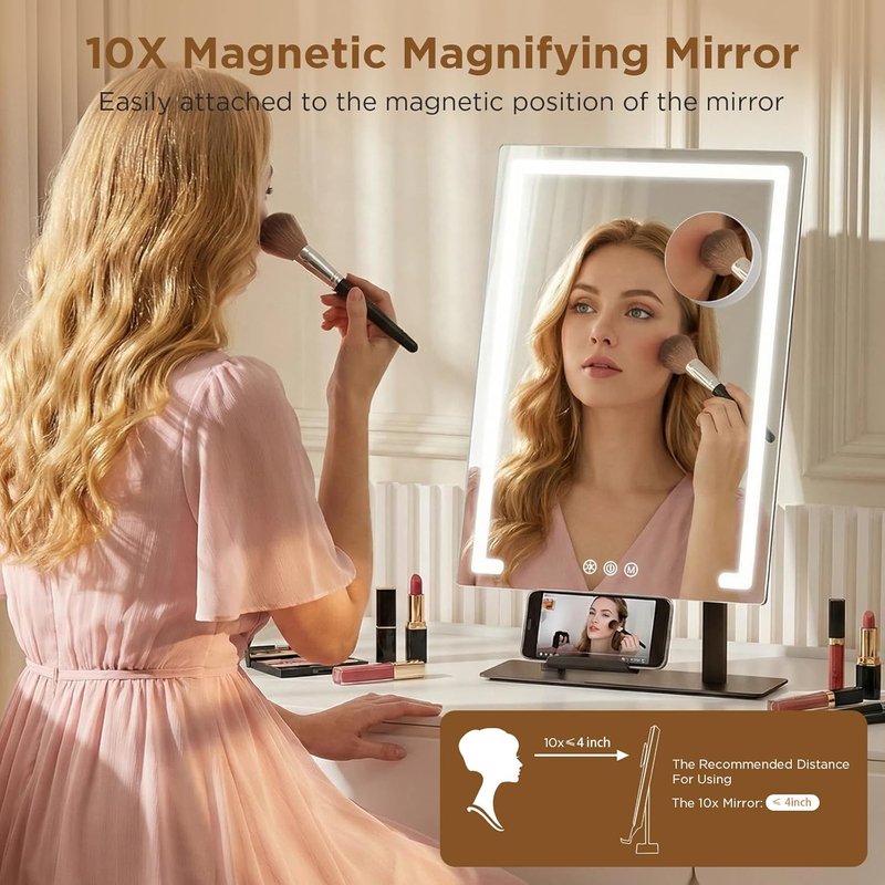 Vanity Mirror with Lights - 3 Color Modes & 10x Magnification | Rechargeable Makeup Mirror with Smart Touch Control & Phone Holder