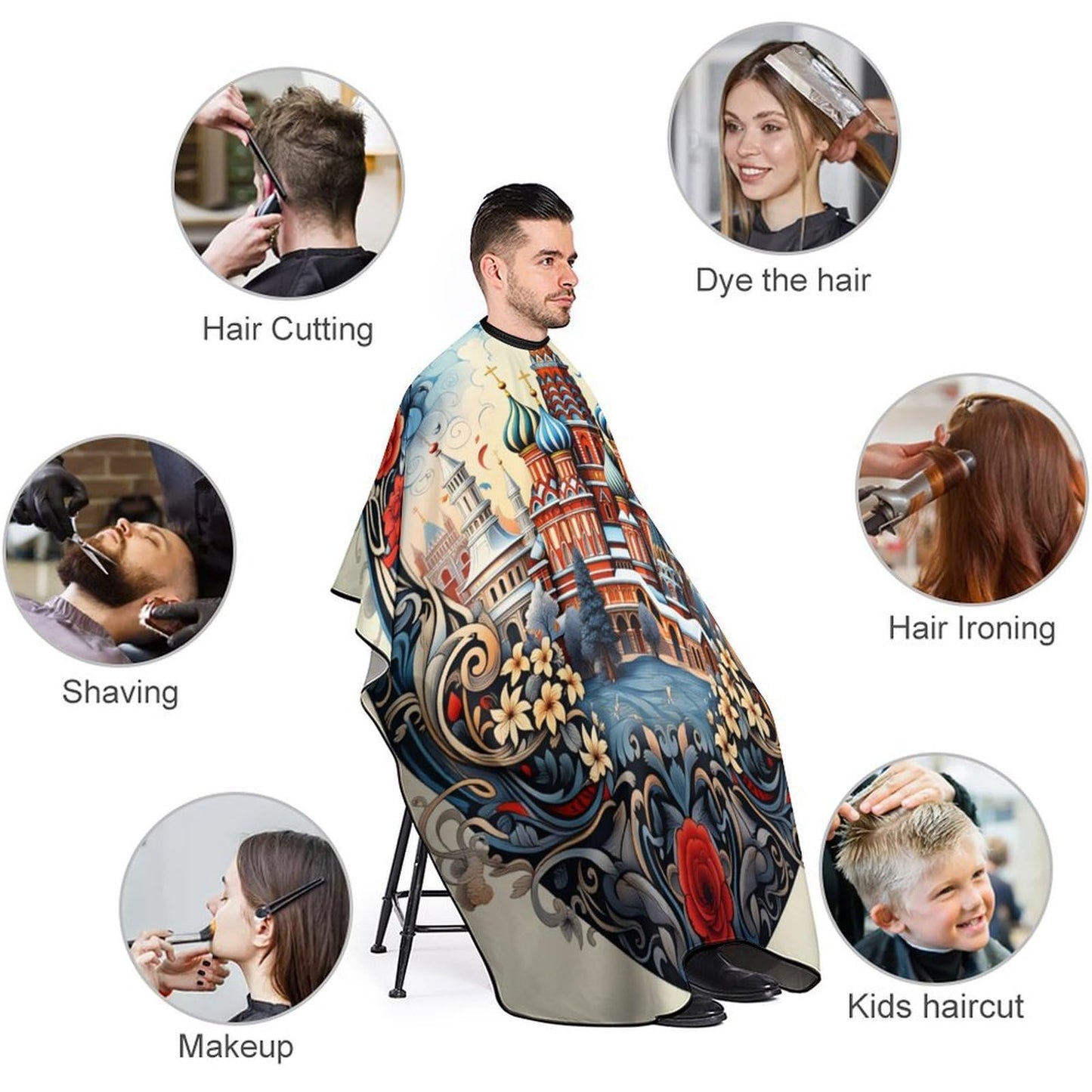 PGDFHGF Russian Cathedral Floral Frame Adult Barber Apron for Men Women, Soft Durable Hairdressing Cape with Adjustable Snap Closure for Home Use Barbershops Salons