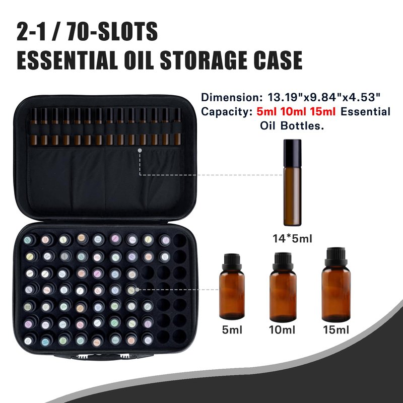 ZORETCO Essential Oil Storage Carrying Case, 70 Bottles Essential Oils Box for 5ml 10ml 15ml Roller Bottles Travel Storage Organizer Bag for doTERRA & Young Living (Black)
