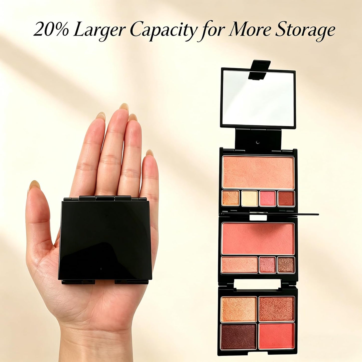 Magnetic Makeup Palette - 3-Layer Foldable Organizer with Dividers & 13 Metal Pans | Black, DIY Depotting Solution