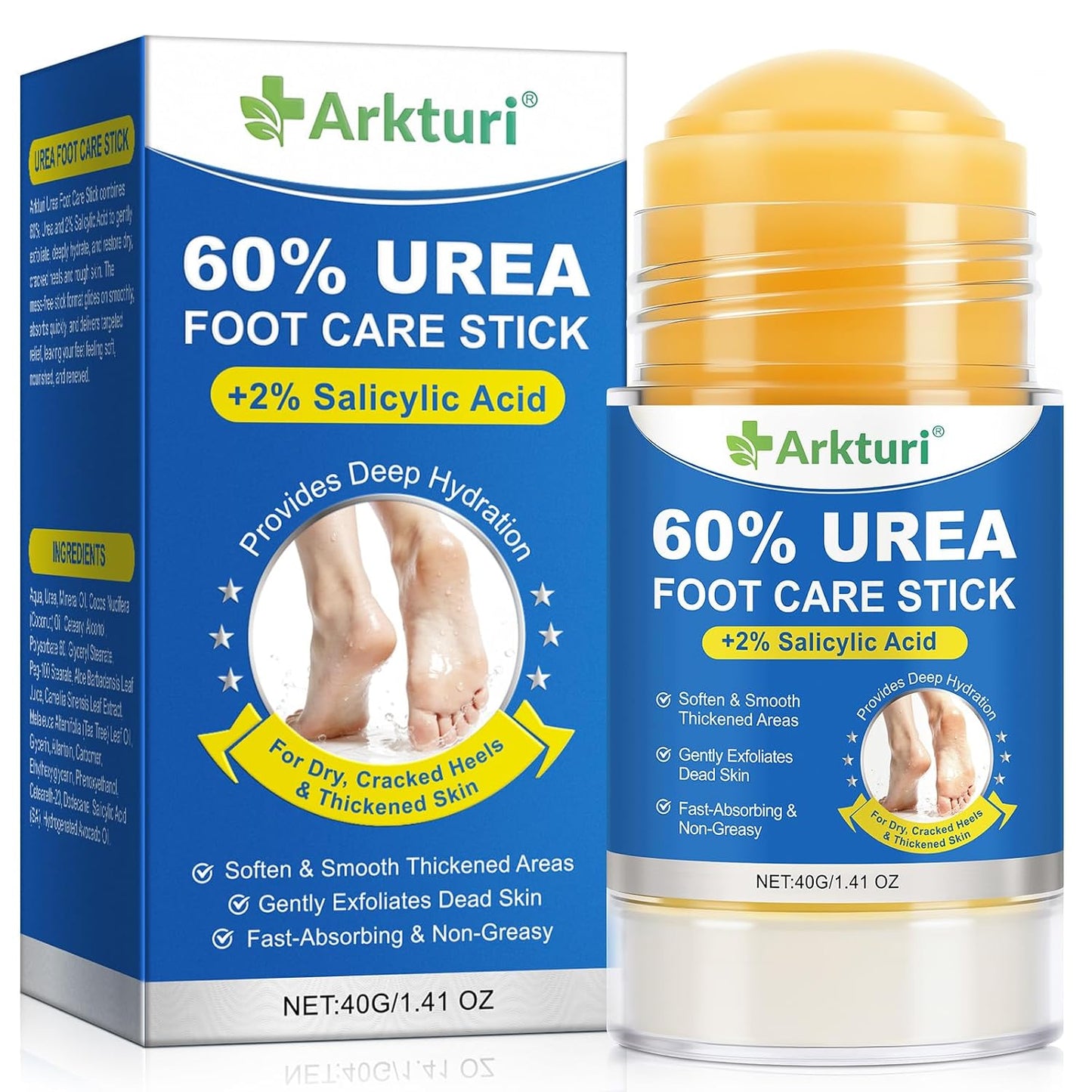 Urea Foot Care Stick with 2% Salicylic Acid | Intensive Moisturizing Cream for Dry, Cracked Feet - 1.41 oz