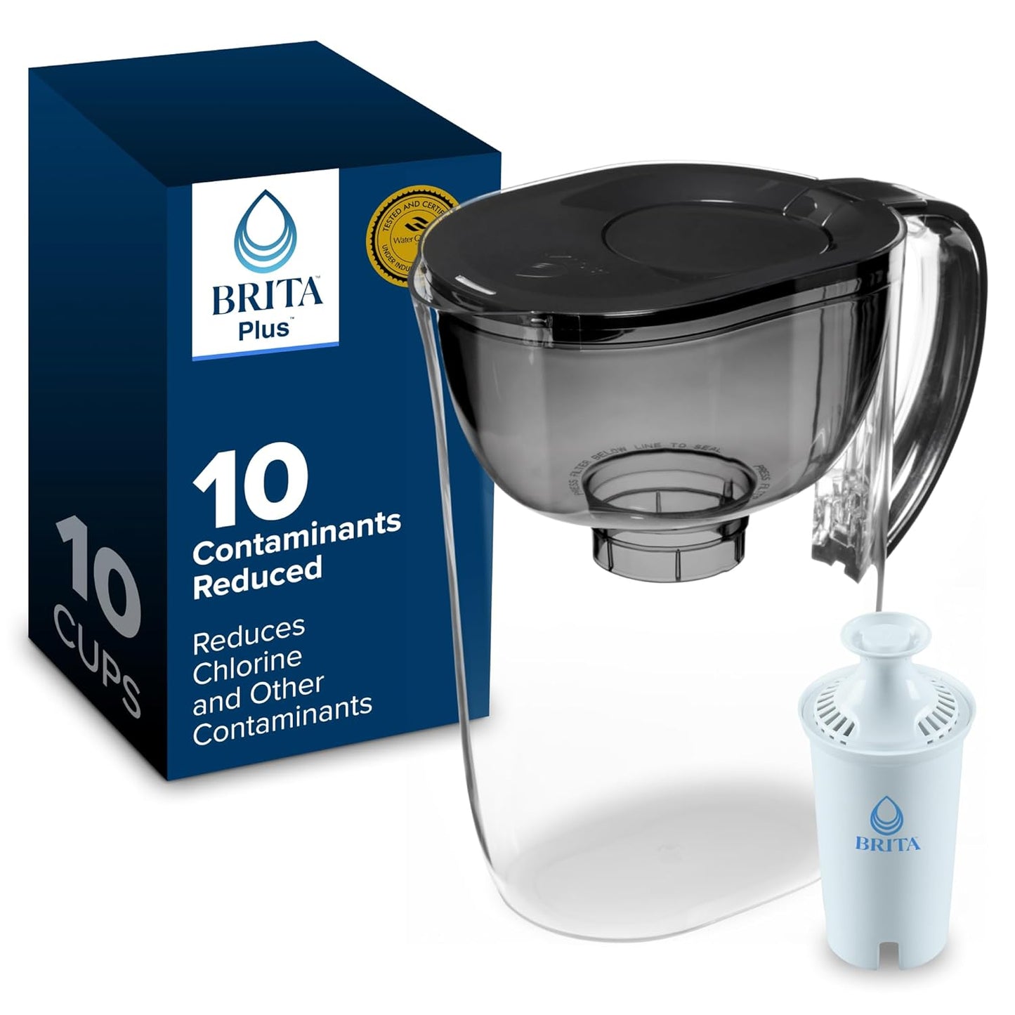 Brita Large 10-Cup Water Filter Pitcher - Reduces Chlorine Taste & Odor | Black