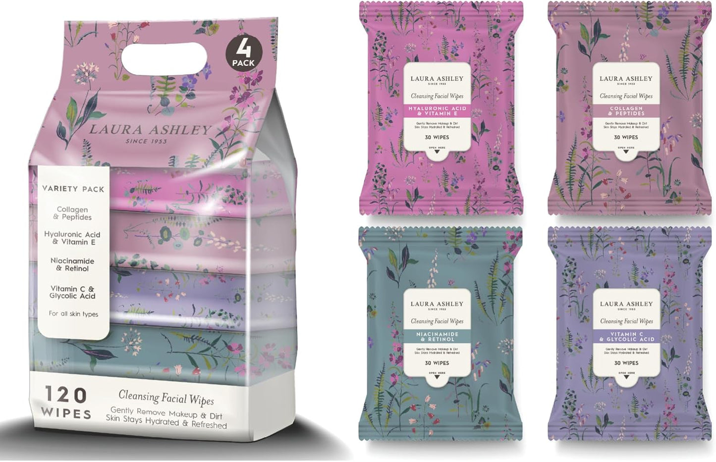 Laura Ashley Face Wipes - Cleansing Makeup Remover with Vitamin C & Retinol | 4 Pack, 120 Pcs