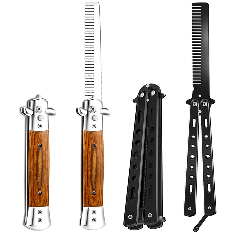 Chengu 2 Pieces Wood Grain Switchblade Blade Pocket Hair Brush Comb Automatic Push Button Brush and Folding Butterfly Stainless Steel Training Practice Comb Outdoor(Black)