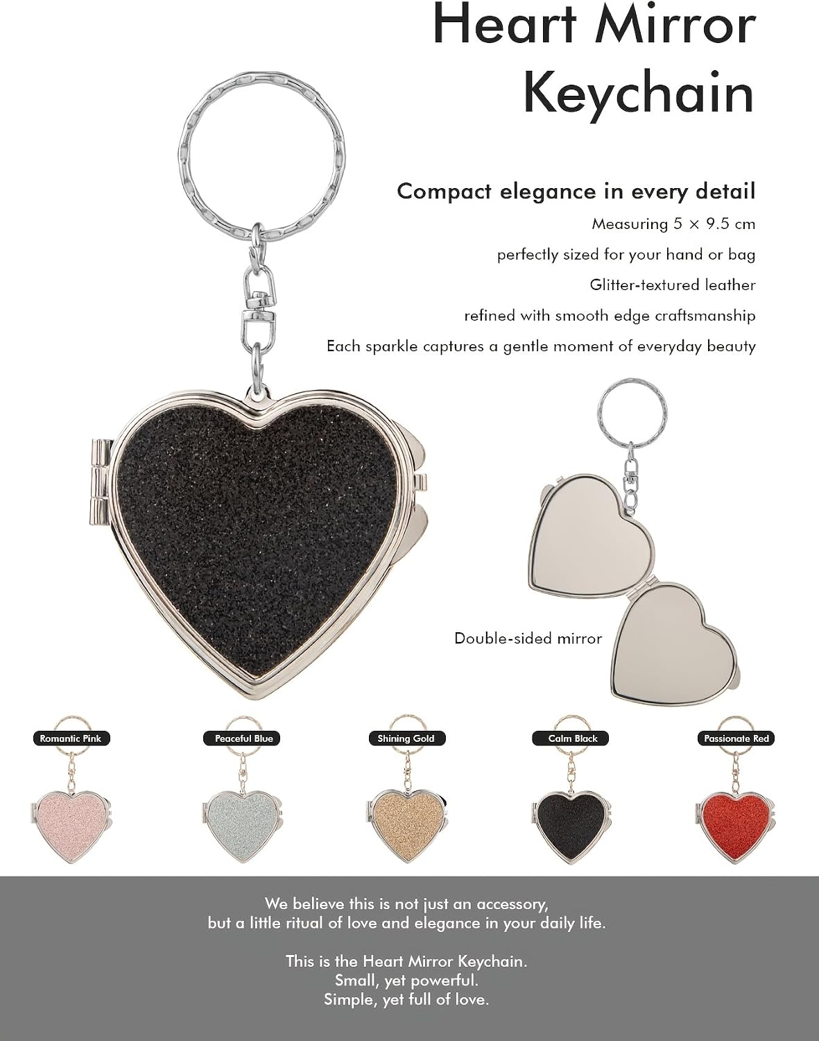 Portable Heart-Shaped Folding Makeup Mirror - Double-Sided Design with Sparkling Sticker | Ideal for Home & Travel - White