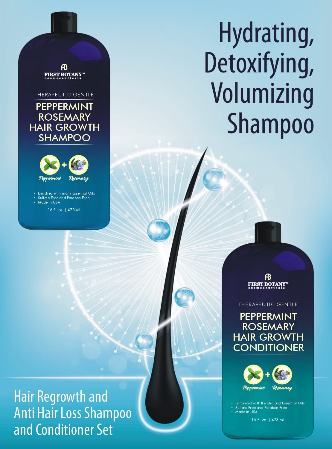 Peppermint Rosemary Hair Regrowth Shampoo & Conditioner Set - Daily Hydrating, Detoxifying, Volumizing | 16 fl oz x 2