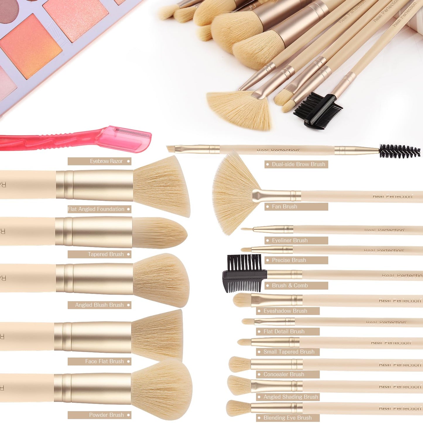 Real Perfection Makeup Brush Set - 16 Premium Synthetic Brushes for Foundation, Eyeshadow & Blush | Beige