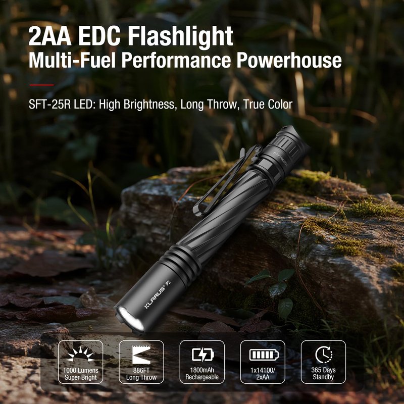 klarus P2 Tactical Pen Light, 1000 Lumens 886ft Throw, USB-C Rechargeable or 2AA Compatible, IPX8 Waterproof Small EDC Pocket Flashlight for Office Home Security