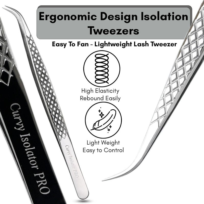 CrossEdge Corporation – 14 cm Curved Isolation Tweezer for Eyelash Extensions | Diamond Grip Handle & Silver Polish Finish | Precision Lash Tweezers for Classic & Volume Lashes