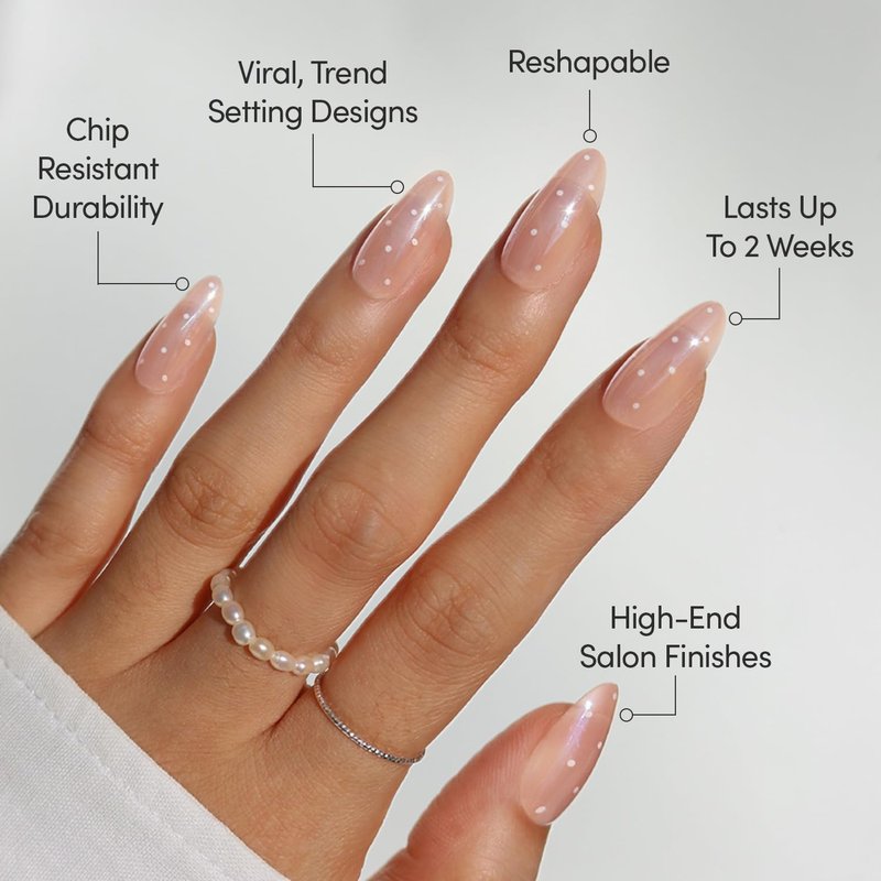 Glamnetic Press On Nails - Sugar Glazed Medium Oval Fake Nails | Sheer Nude Base with Mini White Polka Dots, 15 Sizes - 30 Nail Kit with Glue