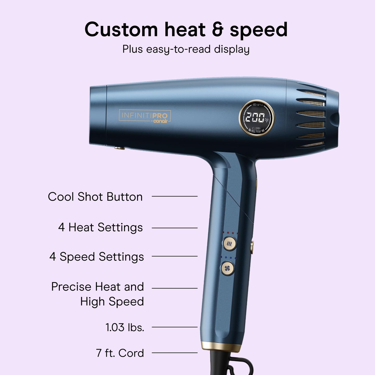 Conair INFINITIPRO DigitalAIRE Multi-Styler, 1.2 lb Ultra-Lightweight Digital Motor Hair Dryer with High-Pressure Airflow, Blue, 1002