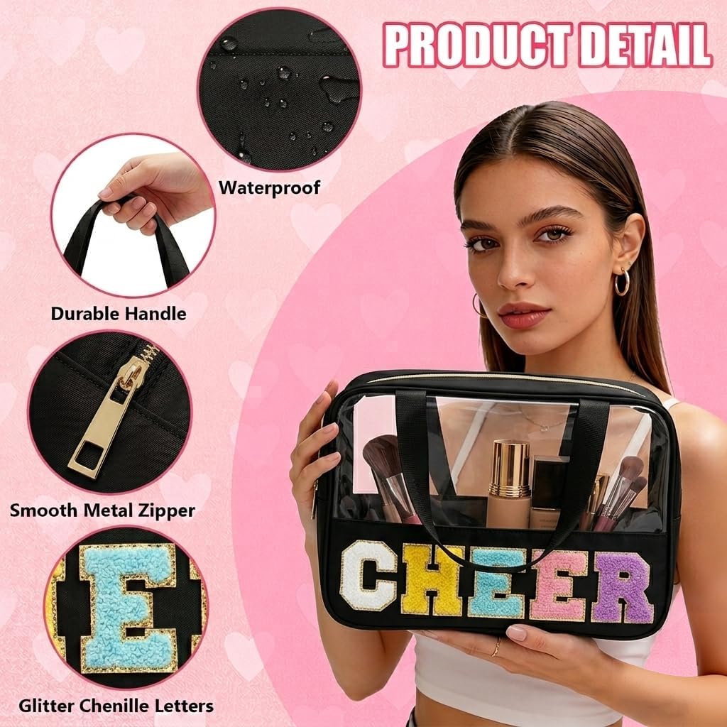 Cheer Makeup Bag - Waterproof Nylon Cosmetic Organizer | Chenille Letter Patch, Perfect Cheerleader Gift for Team