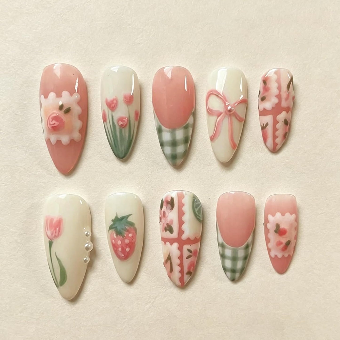 Almond Press-On Nails Set - 30Pcs 3D Pink Flower & Gold Beads | Reusable Floral Design for Beach Vacation
