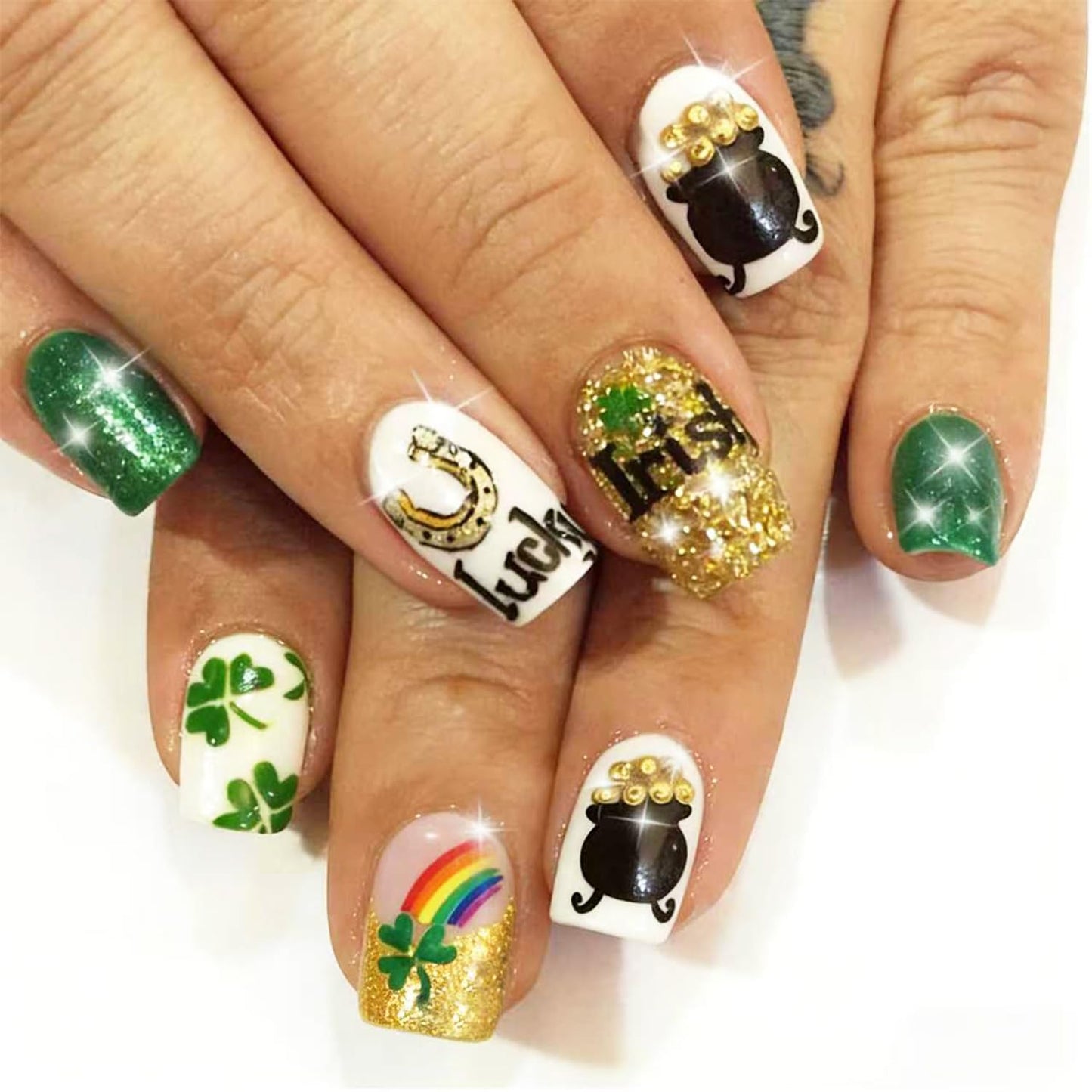 French Tip Press-On Nails - 24pcs Medium Almond with 3D Floral Gold Pearl Shell Designs | Summer Glitter Acrylic Full Cover