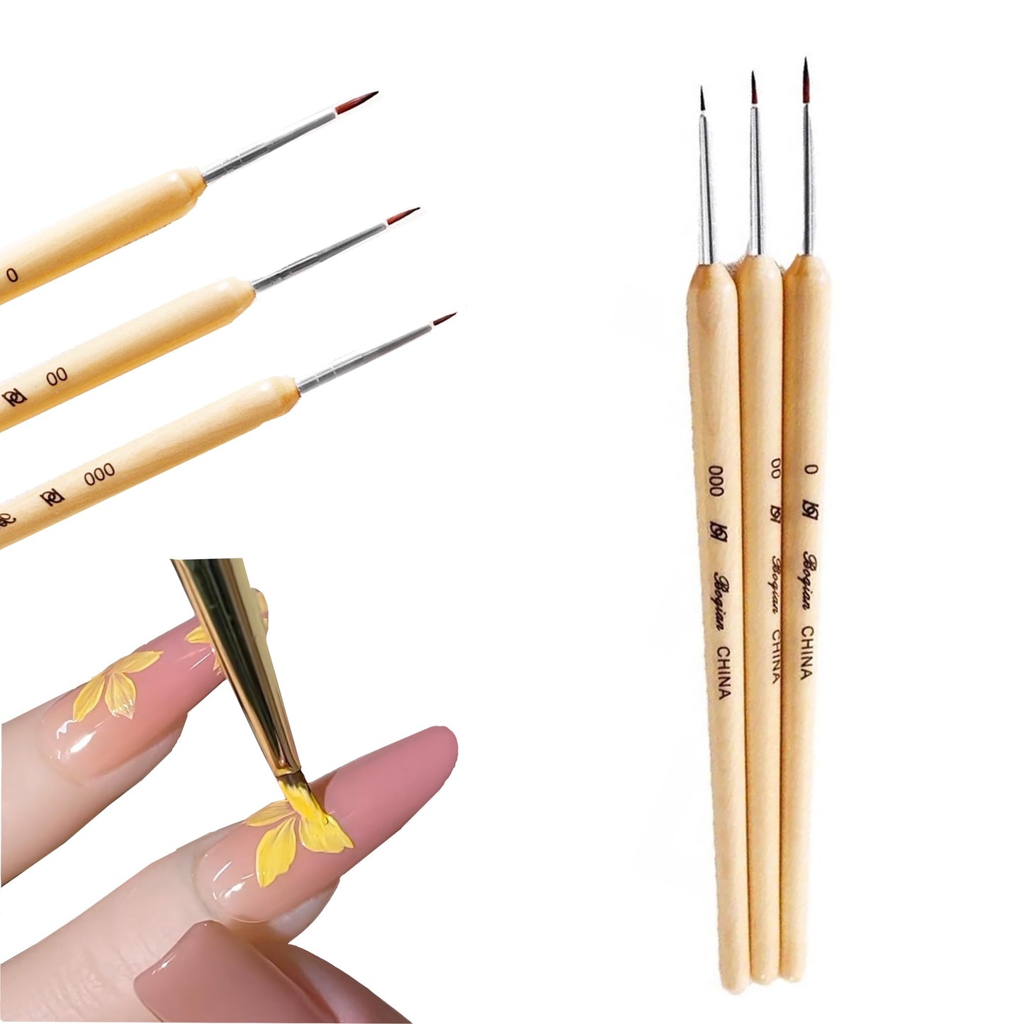 Calyuna Nail Art Liner Brushes, 3 Piece Set with Wooden Handle, for Flower, Petal & Leaves Gel Polish Design Painting