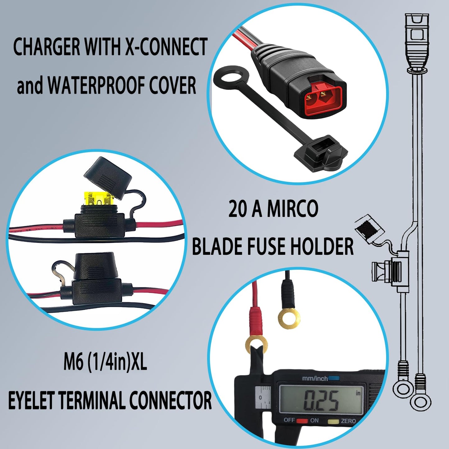 2 Pack GC002 X-Connect fit for NOCO Battery Charger Accessories,M6 (1/4in) XL Eyelet Terminal,Smart Batteries Trickle Charger Cable