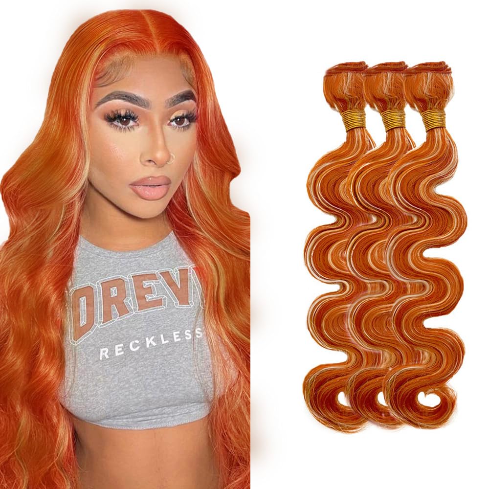 P350/27 Blonde Bundles Body Wave Bundles Human Hair 26 28 30 Inch Blonde Mixed With #350 Orange Body Wave Bundle Unprocessed Brazilian Virgin Weave Hair 3 Bundles 100 Gram Per Bundle