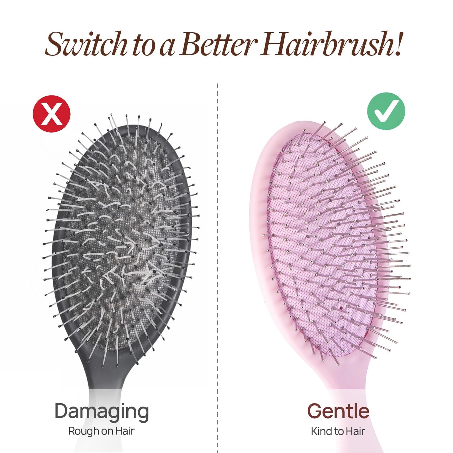 Yulume Air Cushion Paddle Brush, Round-Tip Steel Pins for Scalp Massage, Pain-Free Detangling for Wet & Dry, Curly & Thick Hair, Anti-Static, Bonus Tail Comb & Clip, Pink