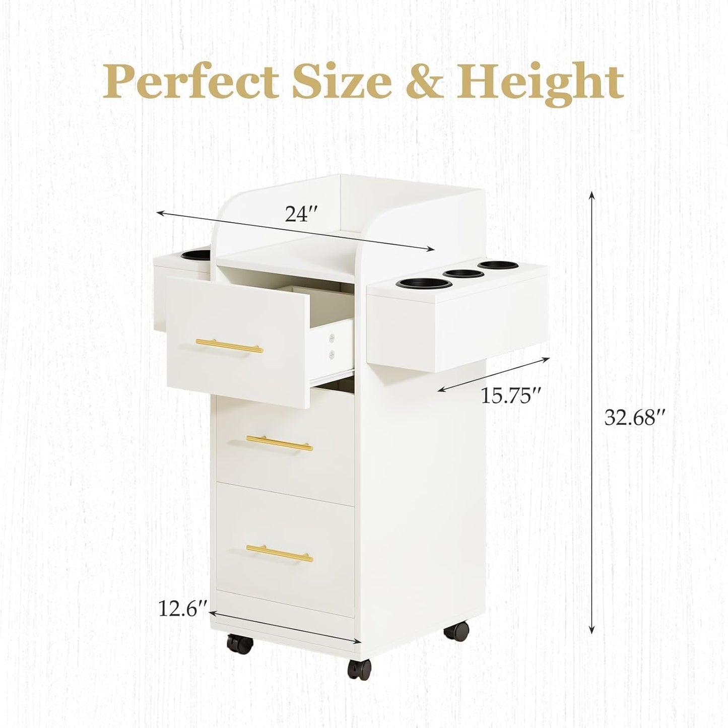 Rolling Salon Station for Hair Stylists - Mobile Trolley Cart with 6 Dryer Holders & 3 Drawers | White & Gold