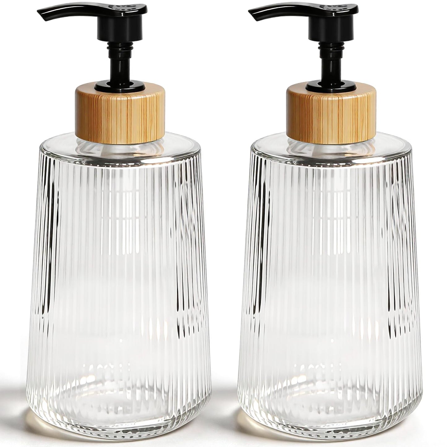 Glass Soap Dispenser, Thickened Glass Hand Soap Dispenser for Bathroom, Kitchen Dish Washing Liquid Bottles, Shampoo and Conditioner Bottles, Modern Farmhouse Style (Clear, Set of 2, 12oz)
