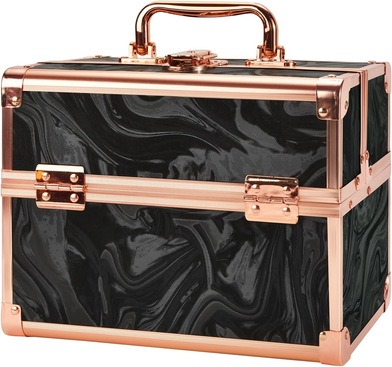 Portable Makeup Train Case - 2-Tray Cosmetic Organizer with Mirror | Travel Makeup Box in Rose Gold & Black