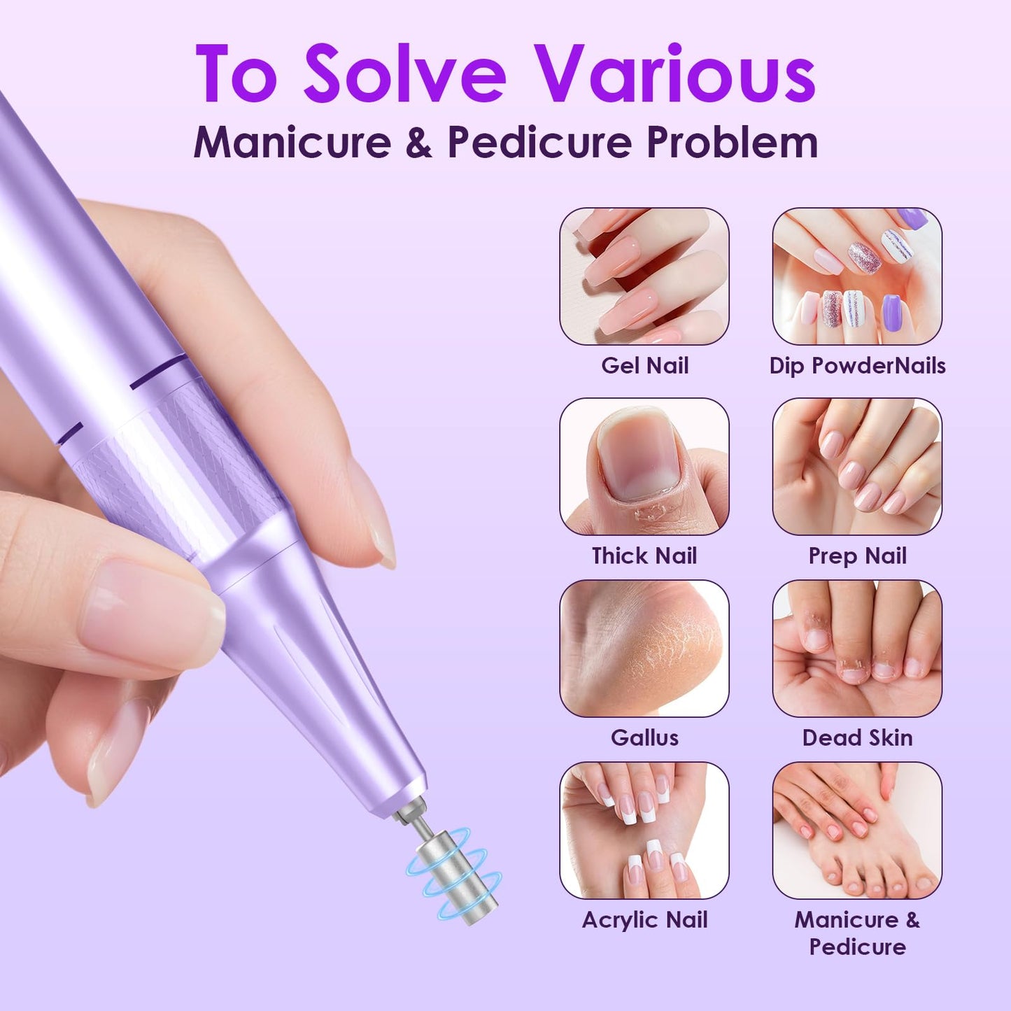 HELIVIVE Professional Electric Nail Drill 45000RPM (Portable & Rechargeable) (with 11 Drill Bits ) Cordless Nail File Machine for Shaping, Polishing & Removing Gel Nails for Salon Home(Purple)