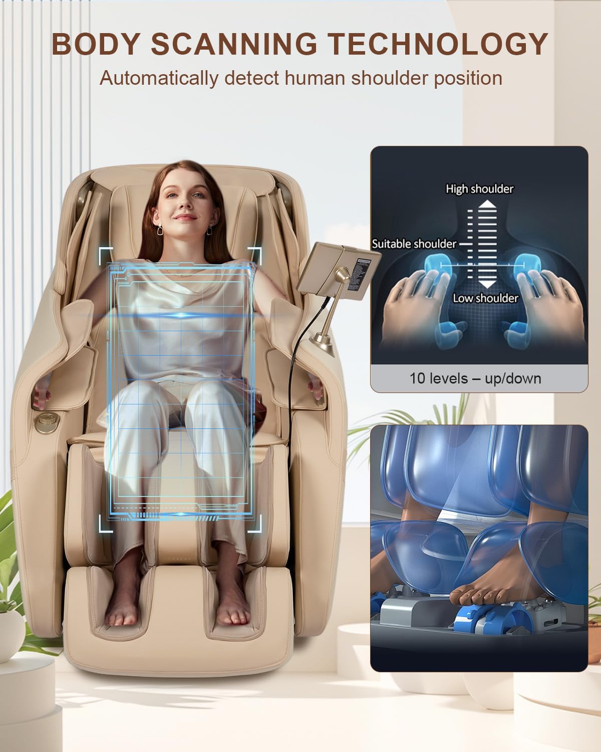 RELX 2026 Full Body Massage Chair - Zero Gravity Shiatsu with Heating, AI Control & 13 Modes | Beige
