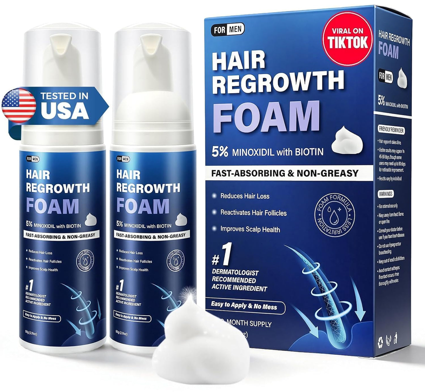 Minoxidil Foam for Men - Fast-Absorbing Hair Regrowth Treatment for Thinning Hair & Beard | 2 x 2.11 Oz (2 Month Supply)