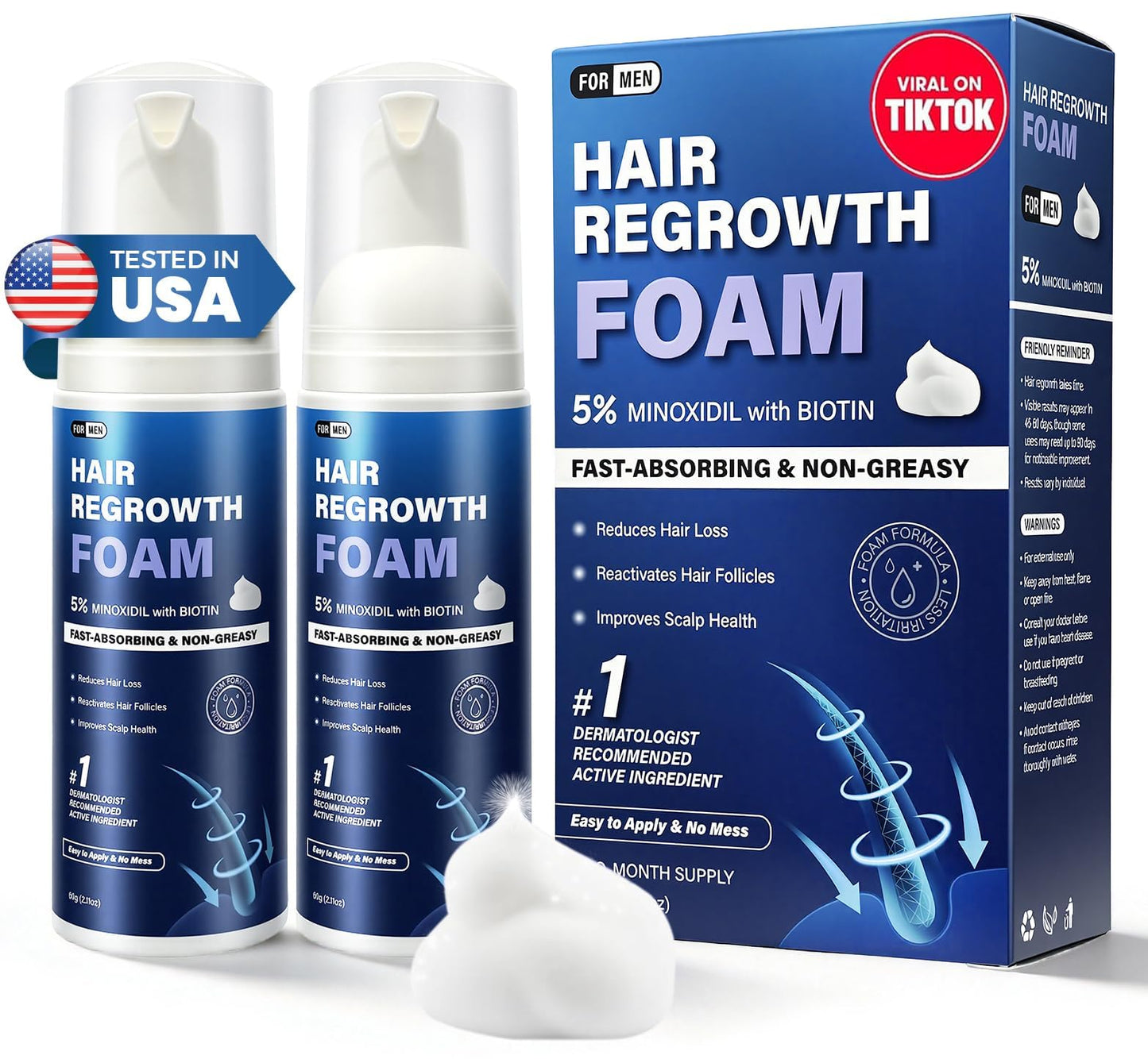 5% Minoxidil Foam for Men, Fast-Absorbing Non-Greasy Hair Regrowth Treatment for Thinning Hair & Beard, Get Stronger Thicker Fuller Hair, Clinically Proven, 2 x 2.11 Oz (2 Month Supply)
