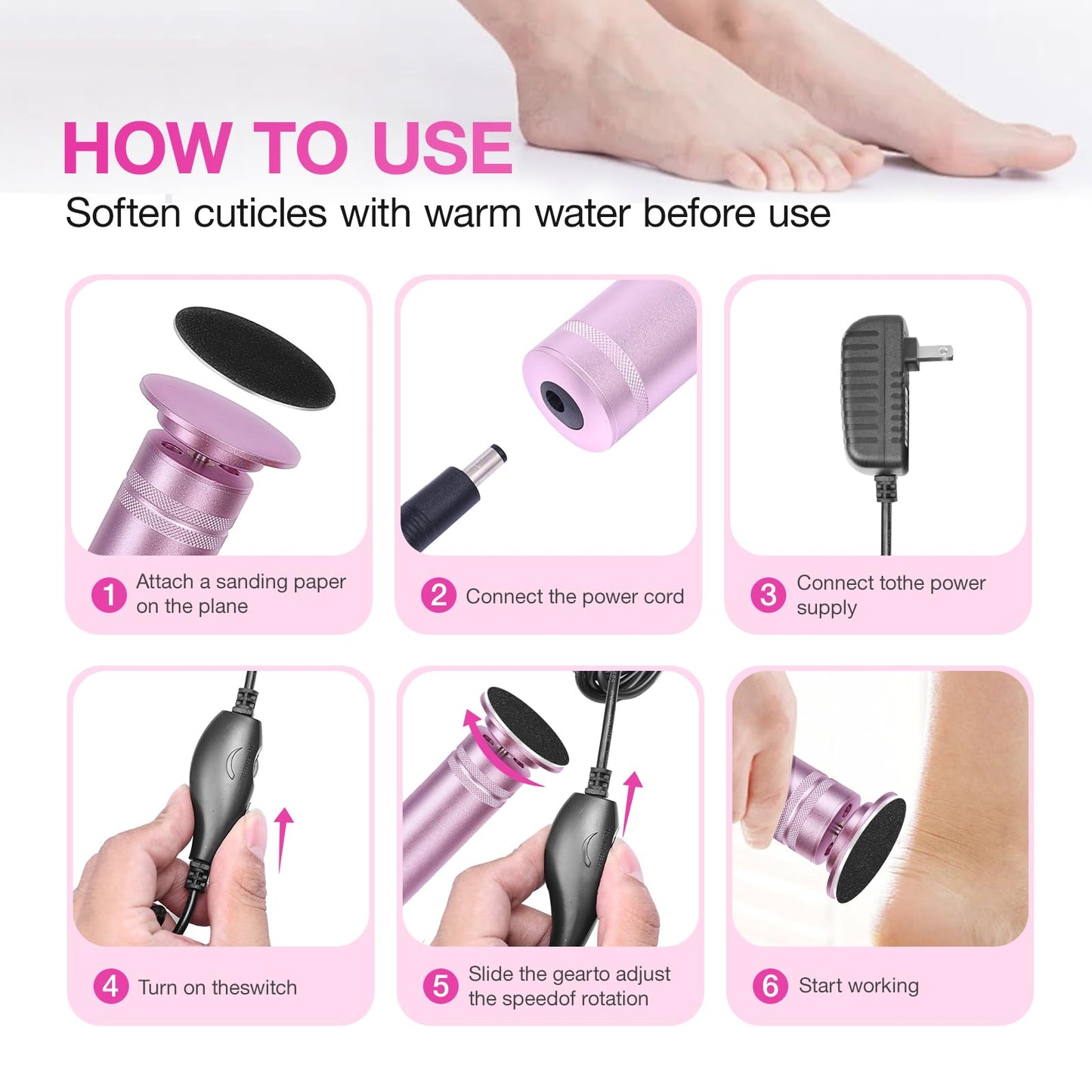 Hocent Upgrade 1200RPM Electric Callus Remover for Feet, Powerful Electric Foot File with 60 Sandpaper Discs, Adjustable Speed, Plug-in Pedicure Tool for Cracked Heels & Dead Skin, Pink