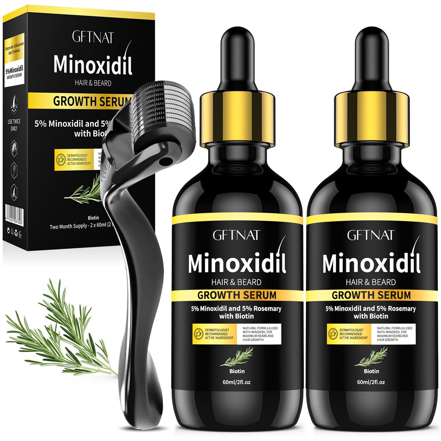 5% Minoxidil with Rosemary for Men and Women Hair Growth,Beard Growth Kit,Scalp Serum for Thicker Fuller Hair - 1.9 FI Oz (Pack of 2)