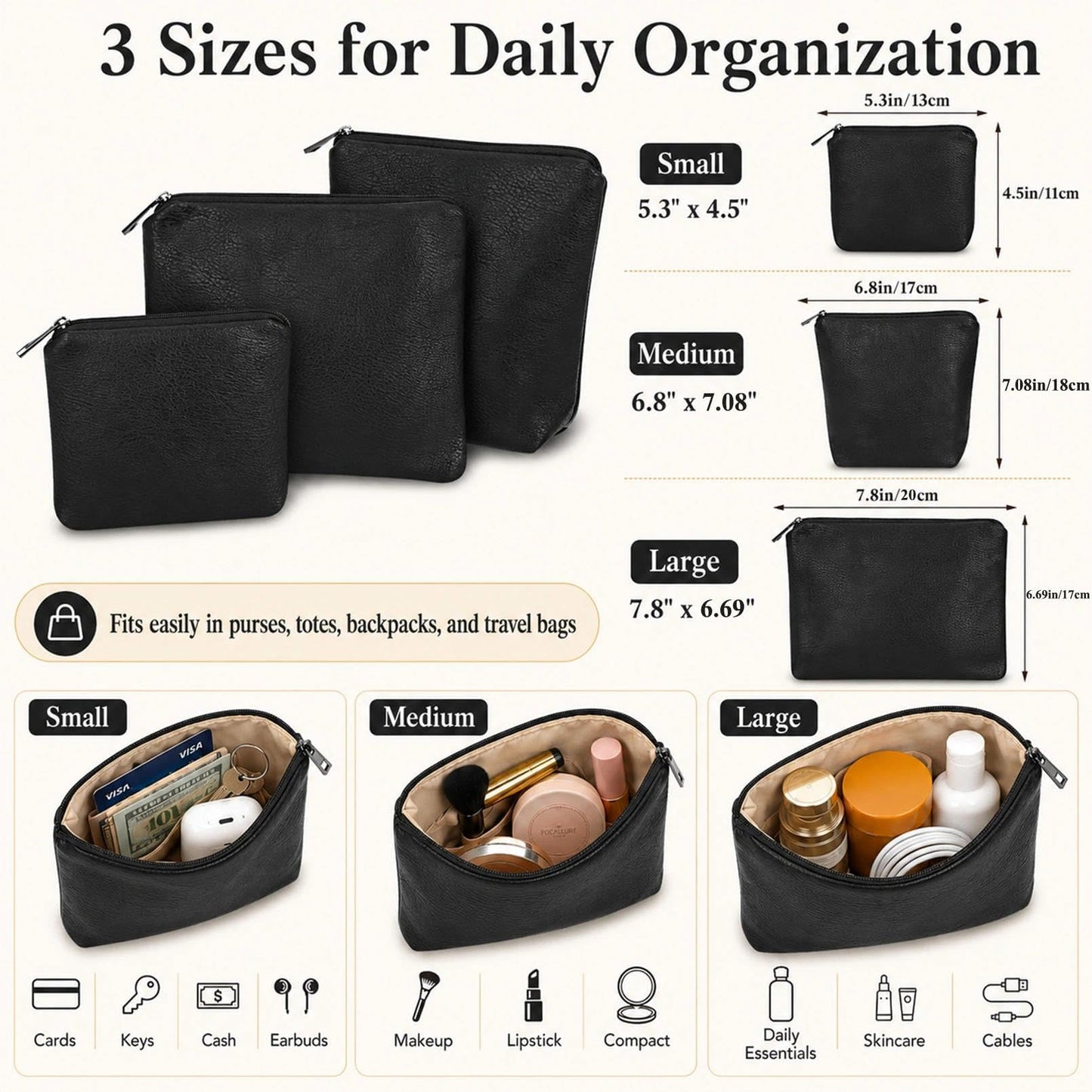 BBORGDC Small Cosmetic Bag Set of 3 for Purse, Black PVC Cosmetic Pouches, 3 Sizes Zipper Organizer for Travel & Toiletries, Gift for Her Birthday, Wife & Mom