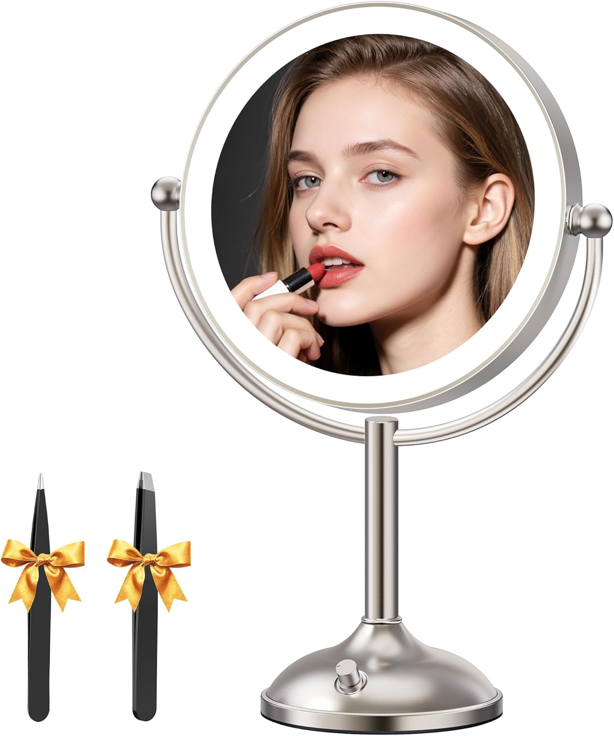 Large Lighted Makeup Mirror - 9" Double-Sided 1X/30X Magnification, Adjustable Height, Rechargeable with 3 Color Dimmable Lights | 360° Rotation