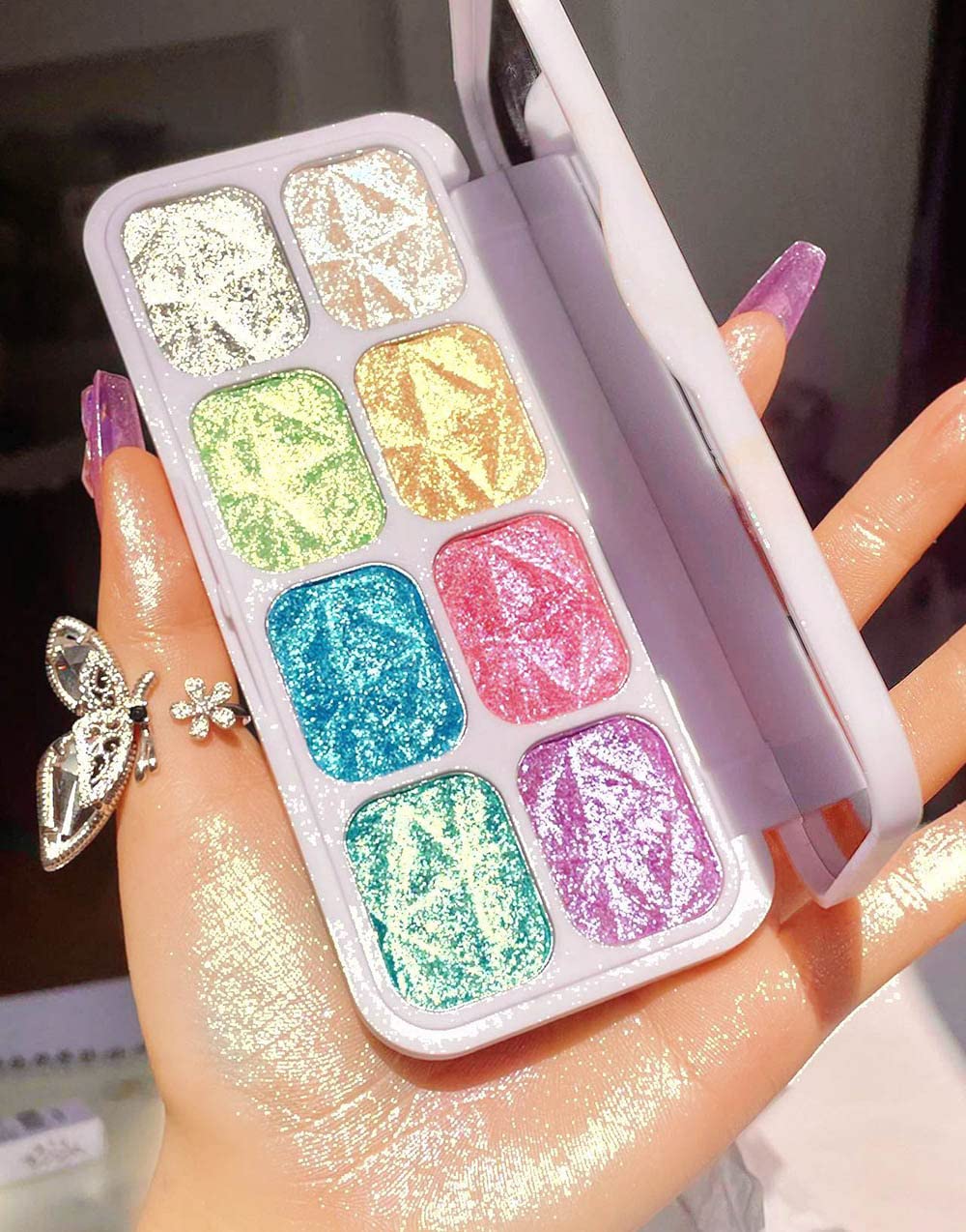 8 Color Face Highlighter Palette - Shimmer & Iridescent Multichrome Shades | Glitter Makeup for Highlighting & Contouring