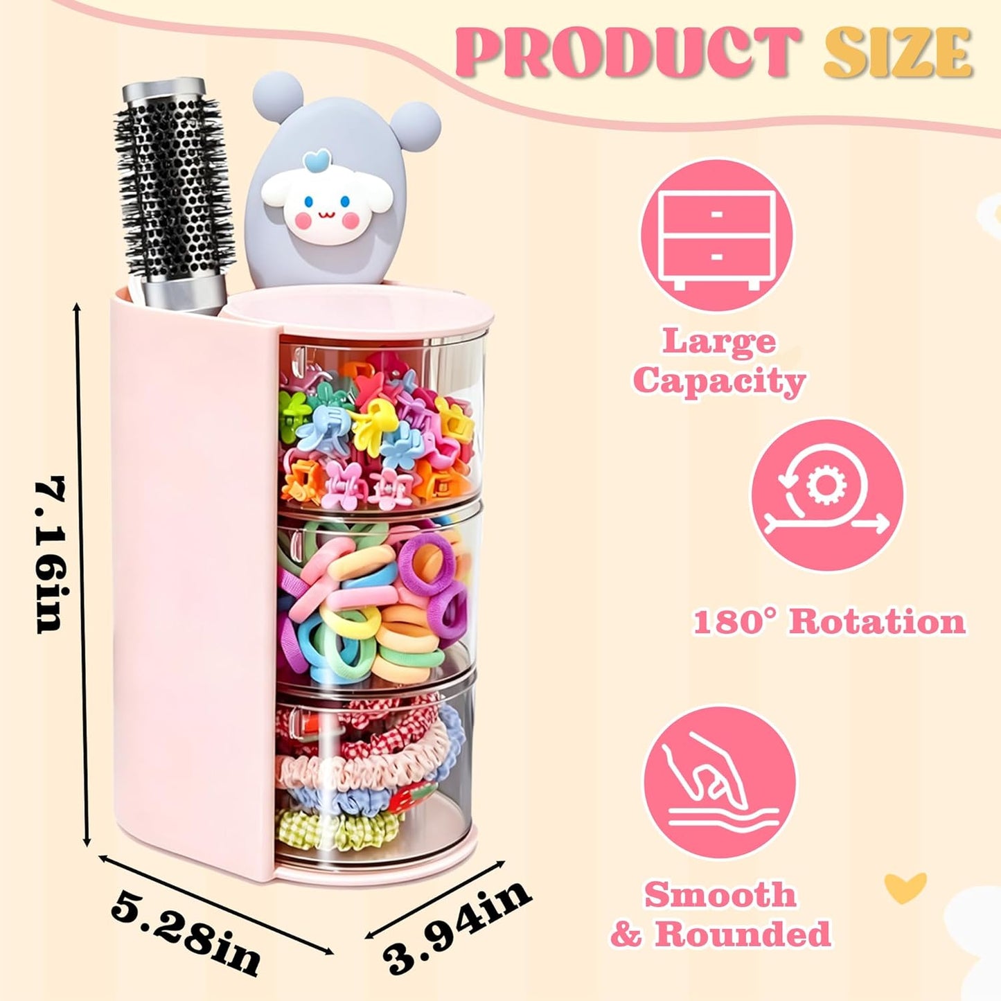 Hair Accessories Organizer - Rotatable Makeup Brush Holder for Necklaces, Earrings, Bracelets | Pink, 3-Layer