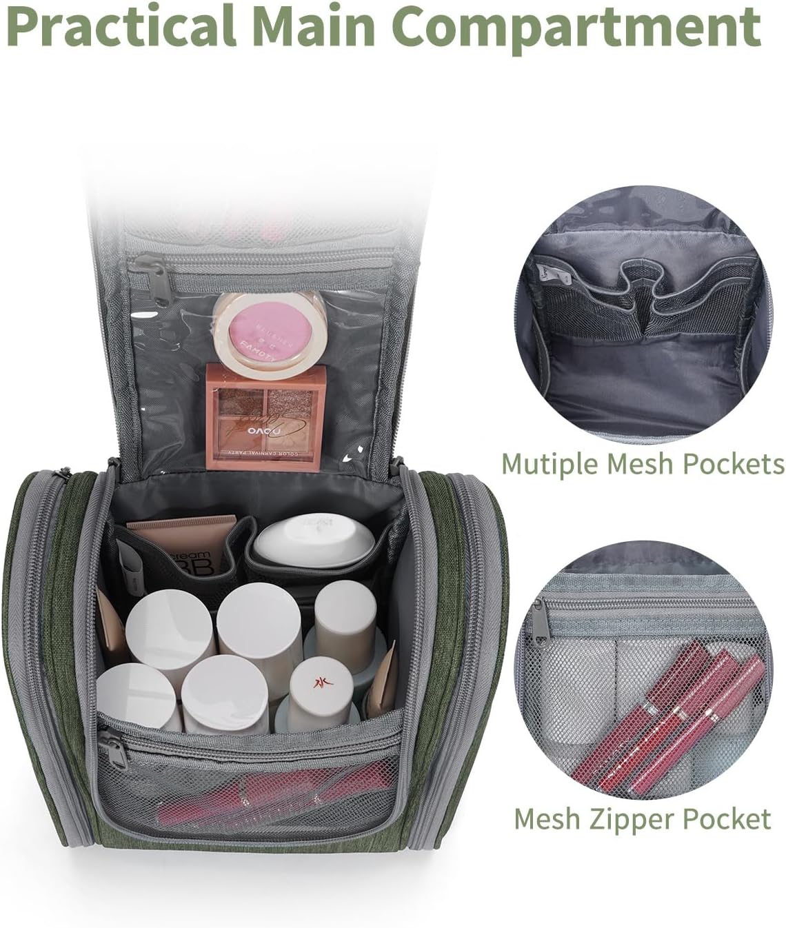 Travel Toiletry Bag - Small Hanging Cosmetic Organizer for Men & Women | Medium, Army Green