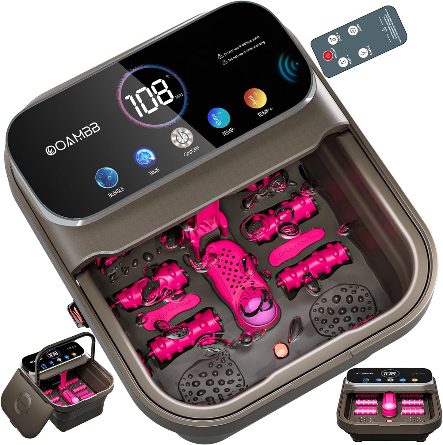Collapsible Foot Spa - Heated Bubble Bath Massager with Remote Control & 6 Rollers | Deep Grey Soaking Tub