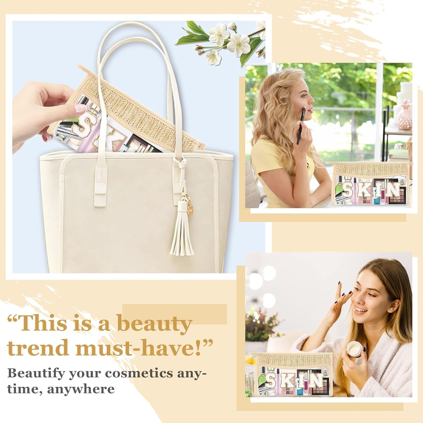 Clear Makeup Letter Patch Bag - Boho Transparent Toiletry Pouch | Small Waterproof Cosmetic Organizer for Women