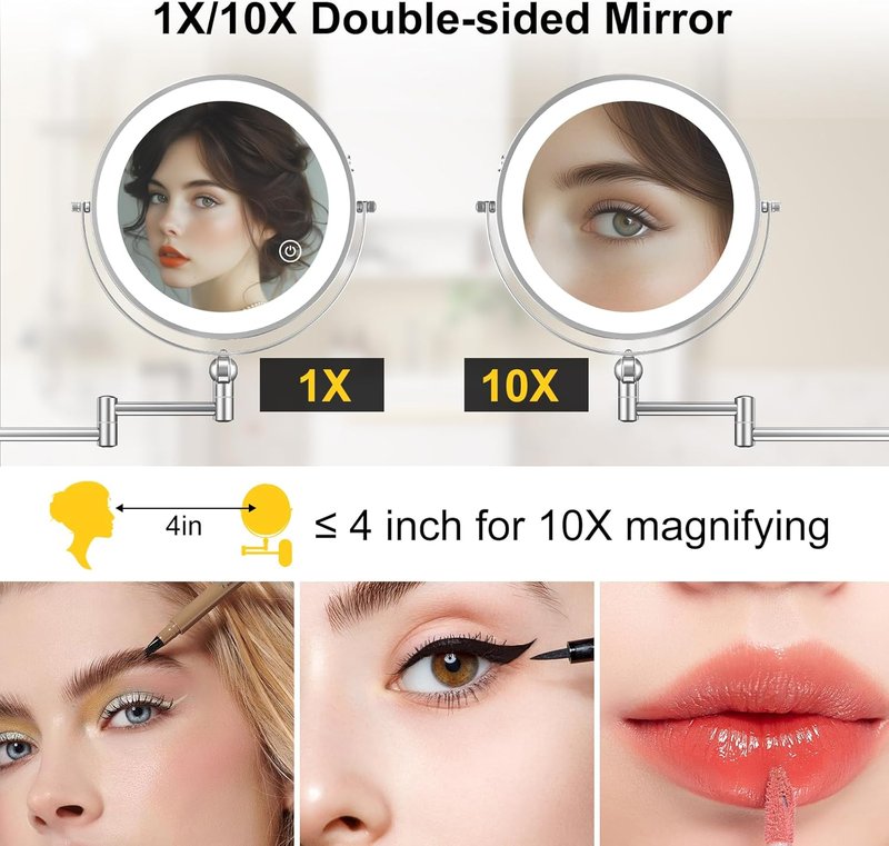 Lighted Makeup Mirror - 9" Wall Mounted 1X/10X Magnifying Mirror with 3 Color Lights & Touch Dimming | 4000mAh Rechargeable, 360° Rotation