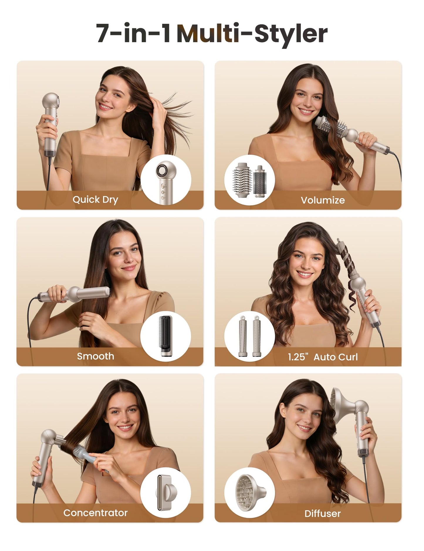 O.H.B 7 in 1 Hair Styler & High Speed Dryer Brush, 110,000RPM Blow Dryer Brush, Ionic Air Styler with Fast Drying, No Heat Damage Air Multi Styler for Volumize, Curl, Straighten, Travel Case, Gold