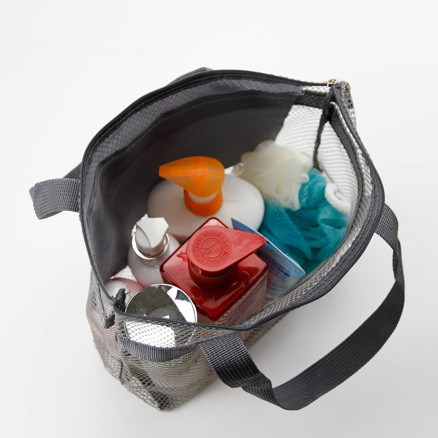 TOPASION Mesh Shower Caddy Bag Portable Hanging Toiletry and Bath Organizer with Zipper for Travel, Gym, Swimming, Camping, College Dorms, Beach (Grey)
