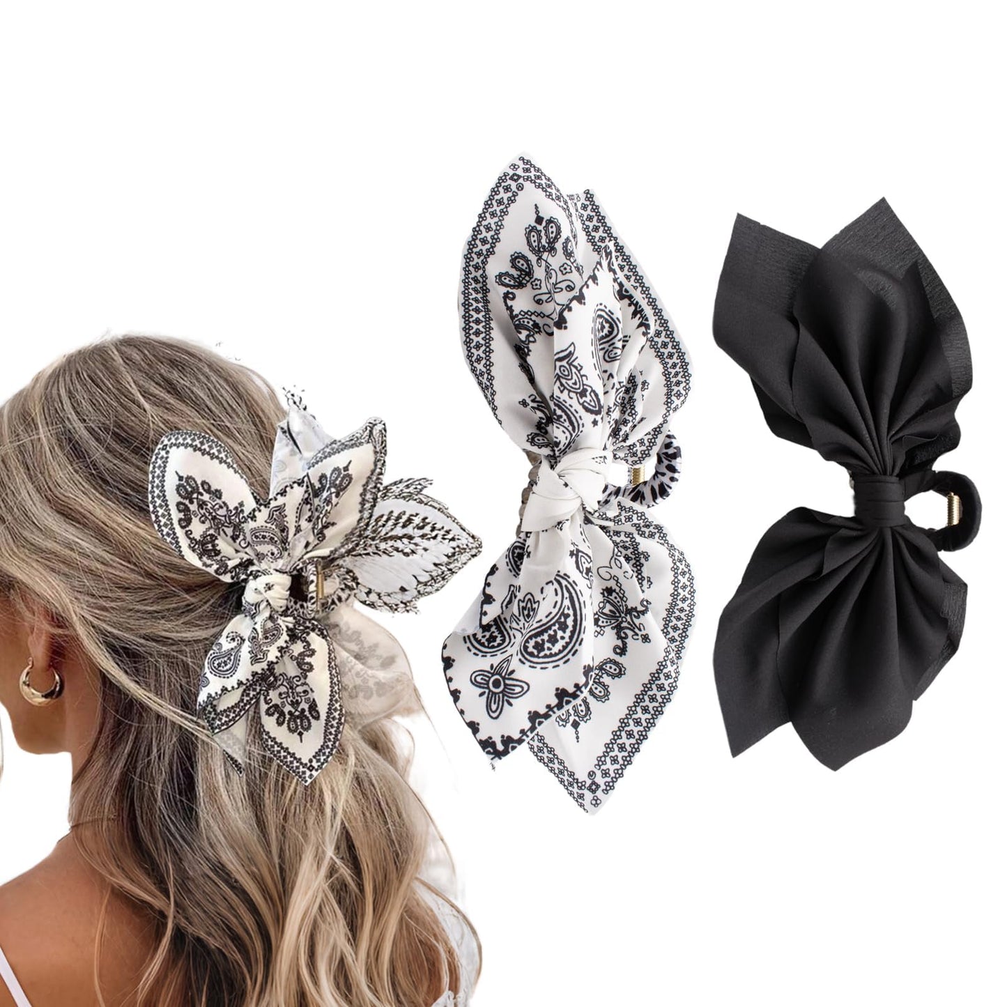 2 PCS Hair Bows, Large Paisley Fabric Bow Hair Claw Clips, Non Slip Grips for Thick Hair Women Hair Accessories(White+Black)