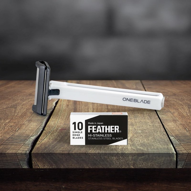 OneBlade Core Safety Razor for Fine Hair - Includes Stand & 10 Premium Japanese Feather Blade Refills - Introductory Level (White)