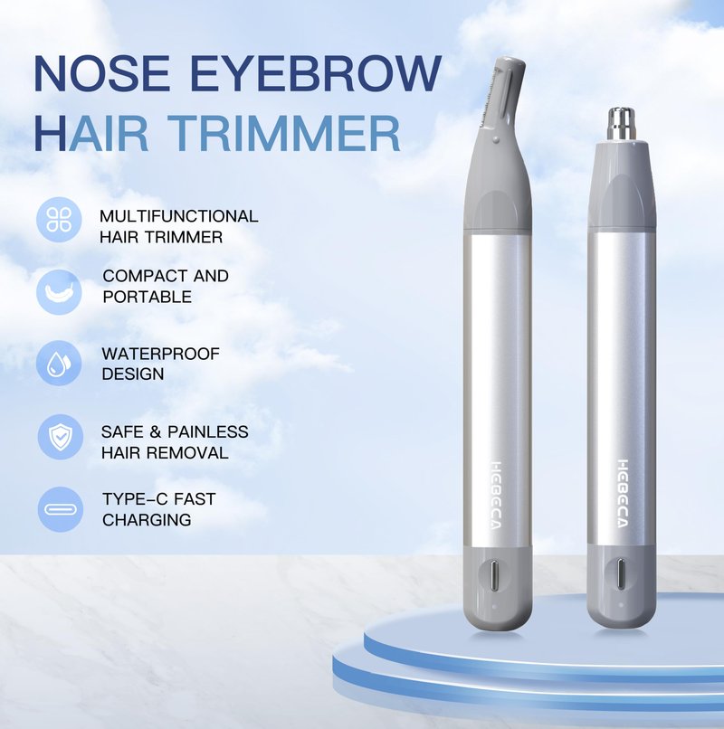 HEBECA Nose Hair Trimmer for Men Women 2in1 Facial Hair Removal Trimmer - Metal Body, Rechargeable, Waterproof, Portable - Nose, Ear, Eyebrow, Peach-Fuzz, Lips, Chin (Silver)