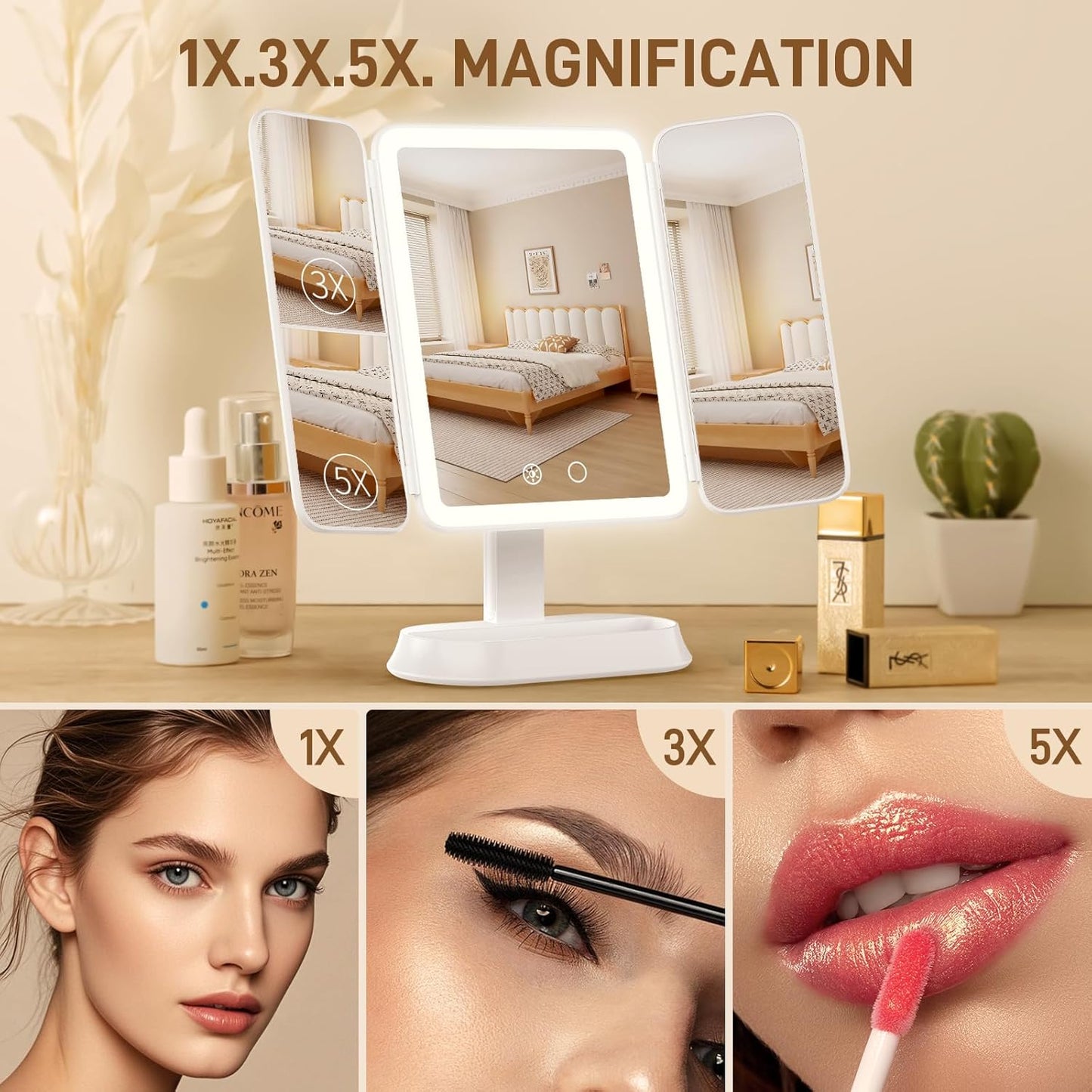 Illuminated Makeup Mirror - 1X/3X/5X Magnification, Dimmable Soft Light, 360° Rotation | Rechargeable Trifold Mirror for Travel & Dorm