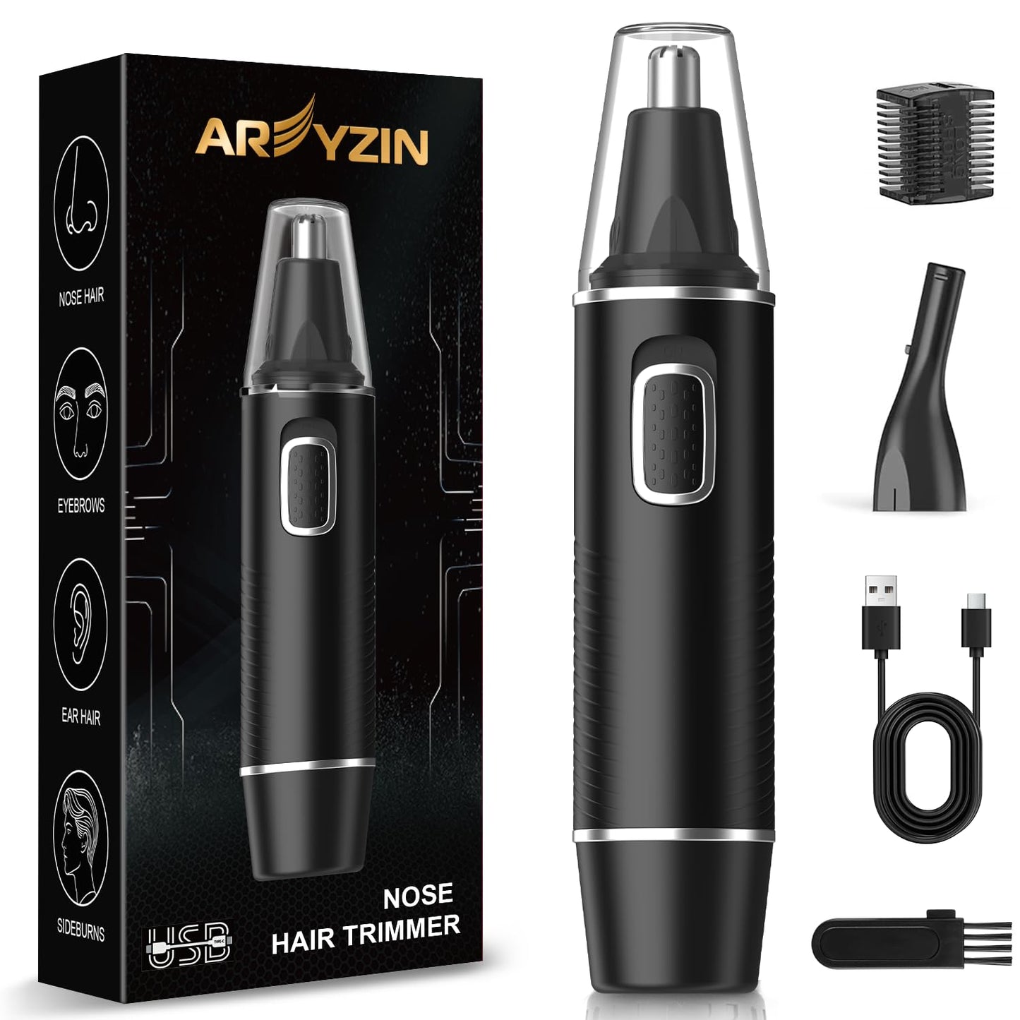 AREYZIN Nose Hair Trimmer for Men,Rechargeable Ear and Nose Trimmer,2026 Professional 2 in 1 Painless Eyebrow & Facial Hair Trimmer with IPX7 Waterproof Dual Edge Blades (Black)