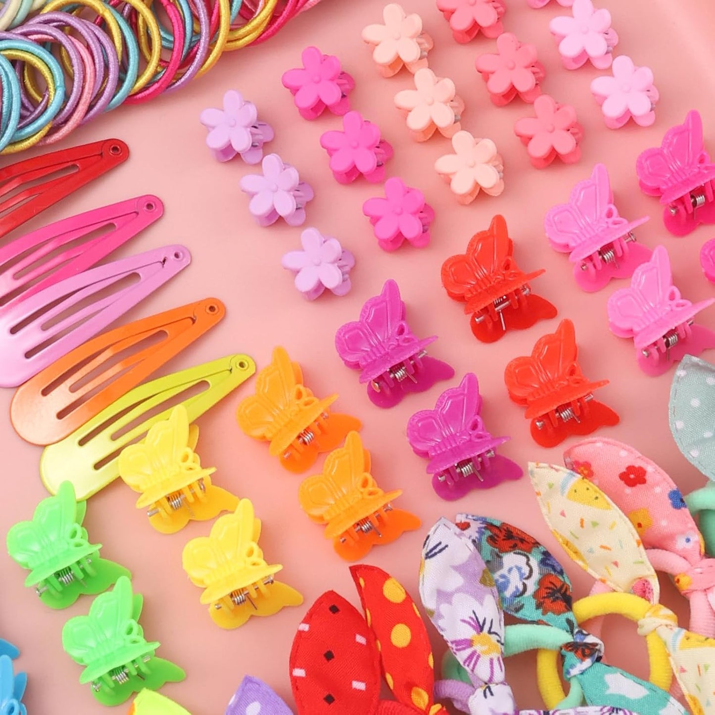 Colorful Elastic Hair Ties Set for Girls - 505PCS Cute Rabbit Ear, Mini Flower Clips & Satin Silk Scrunchies | Gift Box Included