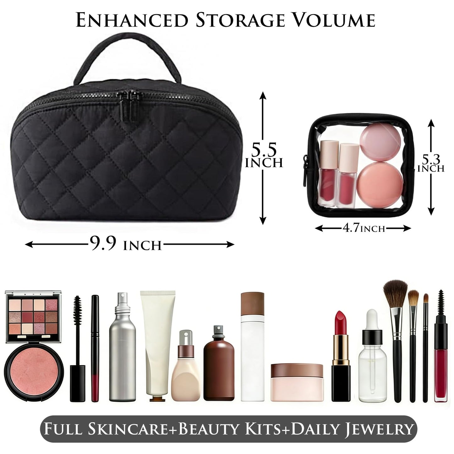 MINGRI Petition Makeup Bag for Travel,Women Quilted Cosmetic Bag Puffer Large Capacity Toiletry Bag 2Pcs,Lay Falt 180°Open Valentine's Day Gift for Toiletries & Brushes with Compartments(Black)