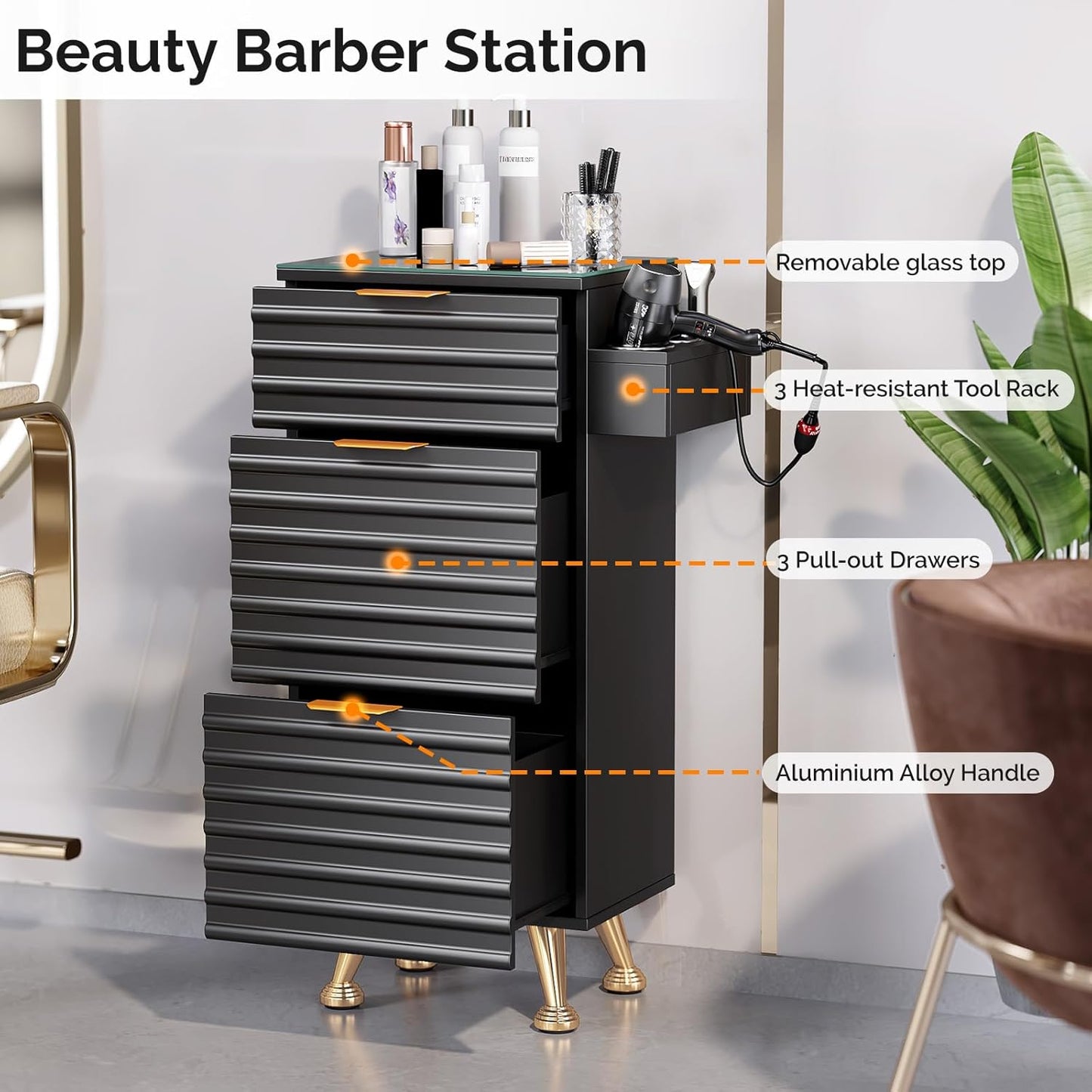 Professional Salon Station - Tempered Glass Top, 3 Drawers, Heat Resistant Tool Holders | Black Barber & Stylist Storage Cabinet