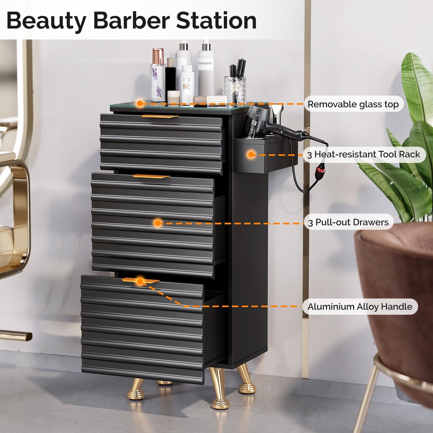 OmySalon Salon Stations for Hair Stylist, Barber Station with Glass Top & Drawers & Hot Tool Holder, Salon Storage Cabinet Hair Organizer Equipment for Beauty Spa, Black